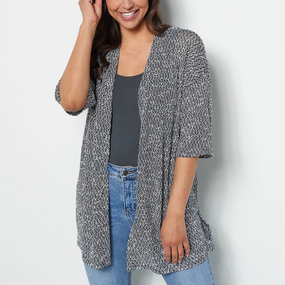 Cuddl Duds Navy and White Open-Front Knit Cardigan